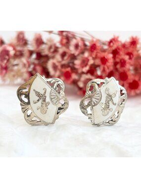 Siam Sterling Silver White Nielloware Mekkalah Goddess 925 Stud Earrings